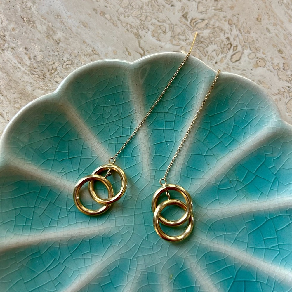 14K Gold Chain Circle Threader Earrings - Picture 2 of 5
